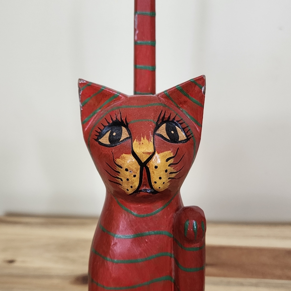 Vintage Whimsigoth Folk Art Handpainted Long Tail Wooden Red Green Striped Cat